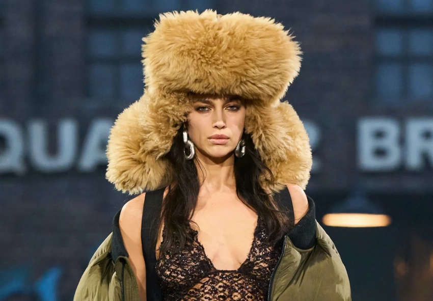 Неделя моды в Милане: Ирина Шейк в меховой шапке и Наоми Кэмпбелл в коже на показе Dsquared2