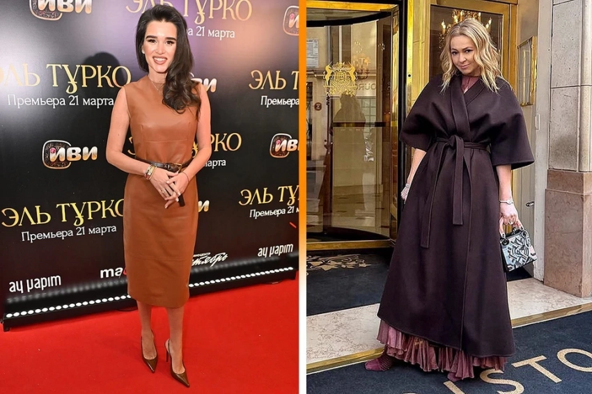 Как носить коричневый цвет: Рудковская сочетает шоколадное кимоно с бордовым нарядом, а Бородина выбирает кожаное платье светло-коричневого оттенка